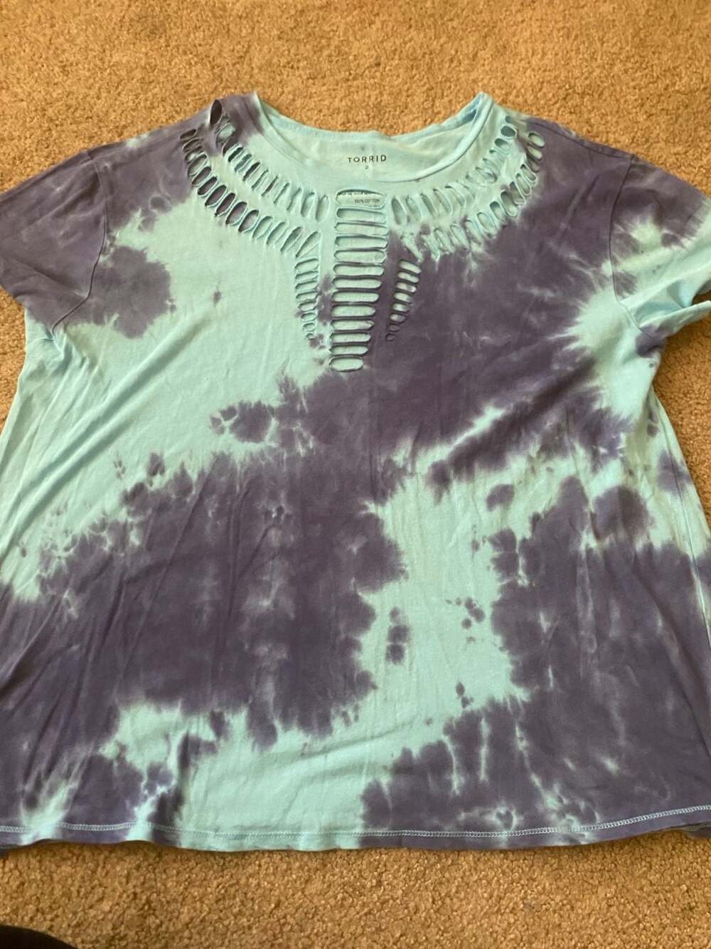 Torrid Relaxed Fit Blue and Purple Tie Dye Slashed Neck T-Shirt Size 2